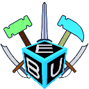 A blue and black cube with letters on its faces, surrounded by crossed swords and hammers.