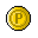 Gold coin in pixel art style with a dark letter P in the center.