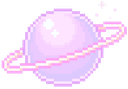 Purple pixel art planet with a pink ring and small white sparkles.