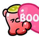 A pink character with a green hat peeking from behind a large pink heart.