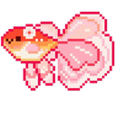 A small pink pixelated fish with a white flower on its head swimming happily.