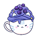 A white cat-shaped coffee mug with a grumpy face and purple blueberry whipped cream on top.