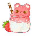 A tiny pink bear with sparkling eyes peeking out of a glass of strawberry milk with a straw, next to a fresh strawberry.