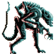 A dark, multi-legged alien creature walking in a rhythmic, creepy pixel animation.