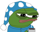 A green frog wearing a blue polka-dot nightcap looks exhausted while holding a steaming mug of coffee.