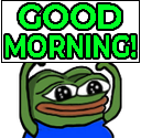 Pepe the frog character smiling with hands raised above its head under the text Good Morning.