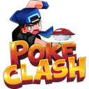 A cartoon gamer with a blue cap leaps forward above the bold golden text POKE CLASH.