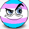 A round character with the trans pride flag pattern wearing a smug, mischievous expression.