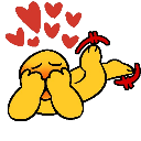 A yellow character blushing and hiding their face with hands while kicking their legs in the air surrounded by floating red …