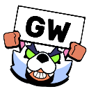 A wolf character with glowing green eyes holding a sign that says GW.