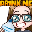 Anime girl with glasses smiling and holding a water bottle with the text Drink Me above her head.