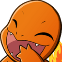 Charmander laughing with its eyes closed and mouth wide open.