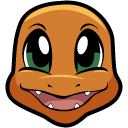 Charmander smiling with a wide, toothy grin and large green eyes.