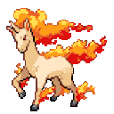 A pixelated horse with a mane and tail made of orange and yellow flames standing in a galloping pose.