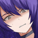 Anime girl with purple hair looking distressed and cringing with wide eyes.