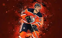 Connor McDavid in an Oilers jersey surrounded by fiery red effects.