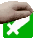 A human hand reaching down to grasp a green square icon featuring a white sword shield emblem.