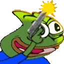 Pepe the Frog holding a pistol to his head with a muzzle flash animation.
