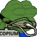 Pepe the Frog wearing an oxygen mask labeled COPIUM while inhaling deeply.