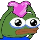 Pepe the frog with teary eyes holding a pink heart above its head.