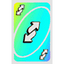Uno reverse card with a colorful gradient and white arrows pointing in opposite directions.