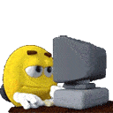 Yellow character staring at a computer monitor with an expression of increasing shock and confusion.