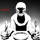 A stylized character with a wide, intense grin holds a knife and fork over an empty plate with the word Finally written in r…