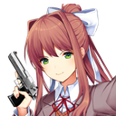 Monika from Doki Doki Literature Club smiling while holding a silver handgun.