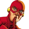 A masked superhero in a red suit holds a finger to their lips in a shushing gesture.