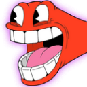 A stylized red face with an extremely wide, toothy grin and a pink tongue sticking out.