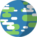 Earth planet shown as a flat, minimalist graphic with blue, green, and white shapes.
