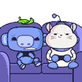 Small blue and white creatures sitting on a couch and playing video games with controllers.