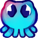 A small, glowing blue creature with large eyes puckering its mouth for a kiss.