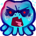 A small blue creature with glowing red eyes and a wide, screaming mouth showing intense anger.