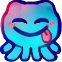 A glowing blue creature with a wide happy smile and its tongue sticking out in a playful expression.