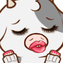 A white cow character with long eyelashes and large, glossy pink puckered lips.
