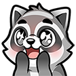 Raccoon with wide, sparkling eyes and an open-mouthed happy expression.