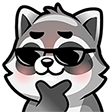 A cartoon raccoon wearing black sunglasses resting its chin on its hand in a pensive pose.