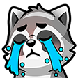 A stylized gray raccoon with closed eyes and large, bright blue tears streaming down its face.