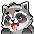 A cartoon raccoon with x-shaped eyes and its tongue sticking out, looking like it has fainted.