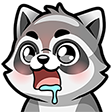 A cartoon raccoon with wide eyes and a blue trail of drool hanging from its open mouth.