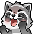 Raccoon with a wide, joyful laughing expression and blushing pink cheeks.