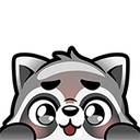A cartoon raccoon with wide, shiny eyes peeking over a ledge with a small, happy smile.