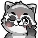A cartoon raccoon winking and holding up a peace sign with its hand.