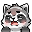 A cartoon raccoon with a tired, overwhelmed expression and blushing cheeks.