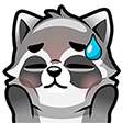 Raccoon with closed eyes and a blue sweat drop on its forehead.