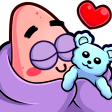 Patrick Star with eyes closed in a purple blanket, hugging a blue teddy bear with a red heart floating above.