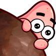 Patrick Star with wide, startled eyes peeking out from behind a large brown rock.