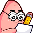 Patrick Star wearing glasses and holding a pencil while writing on a piece of paper.