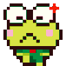 A green pixel art frog with a sad face and a red angry symbol on its forehead.